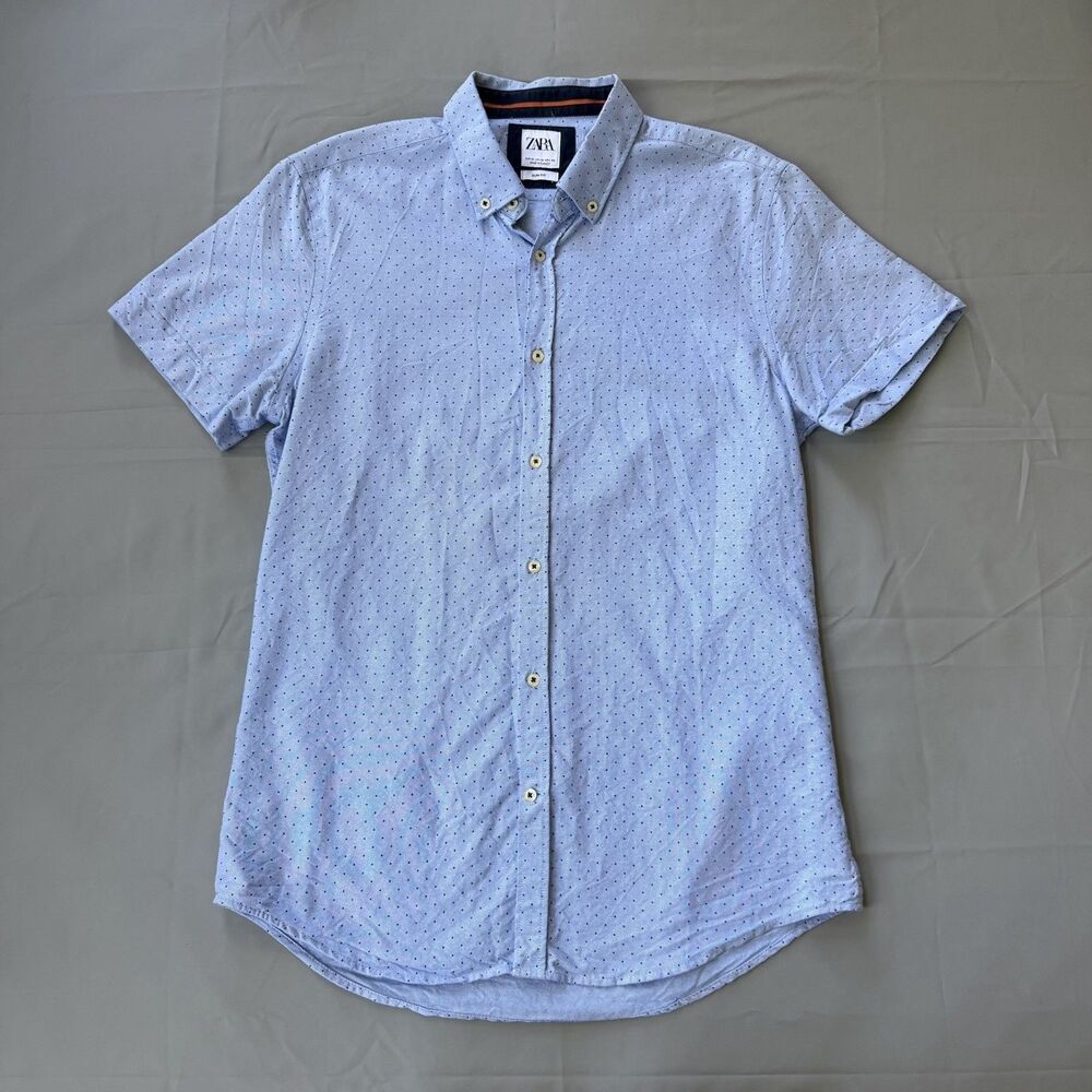 Zara Men's Slim Fit Polka Dot Short Sleeve Button Down Shirt, Light Blue Medium